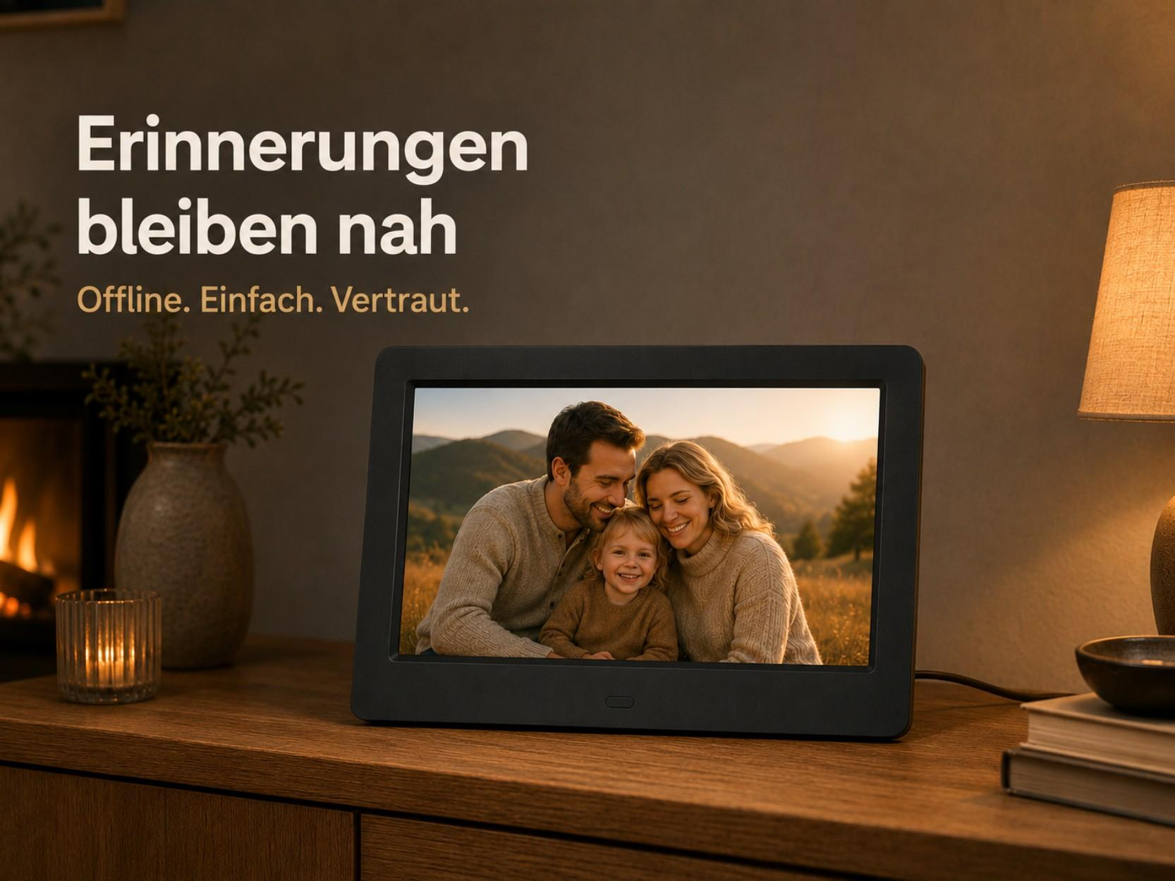 Digitaler Bilderrahmen mit Familie im Freien bei Sonnenuntergang.
