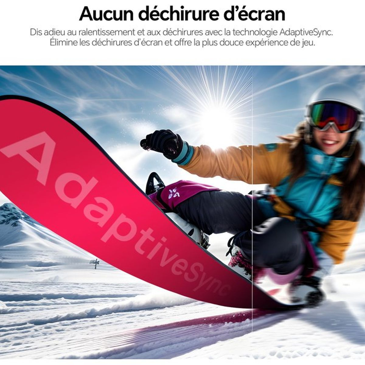 Snowboarder su tavola rosa AdaptiveSync con sole splendente.