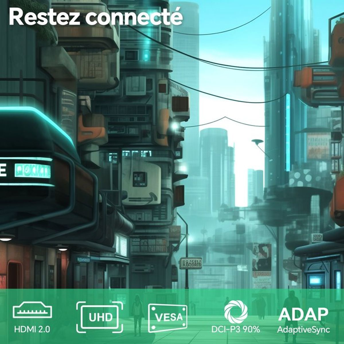 Città futuristica con alti edifici, luci al neon e icone HDMI, UHD, VESA, DCI-P3, ADAP.