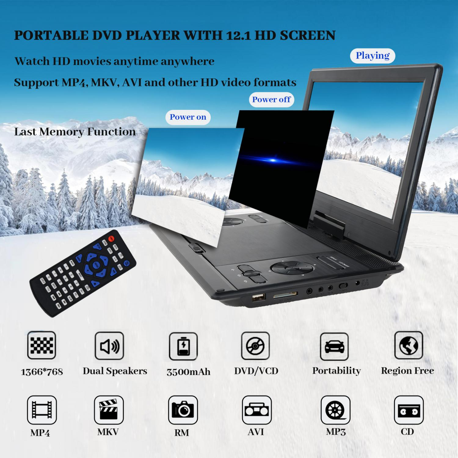 Tragbarer DVD-Player mit 12,1-Zoll-HD-Bildschirm, Fernbedienung und Funktionen.