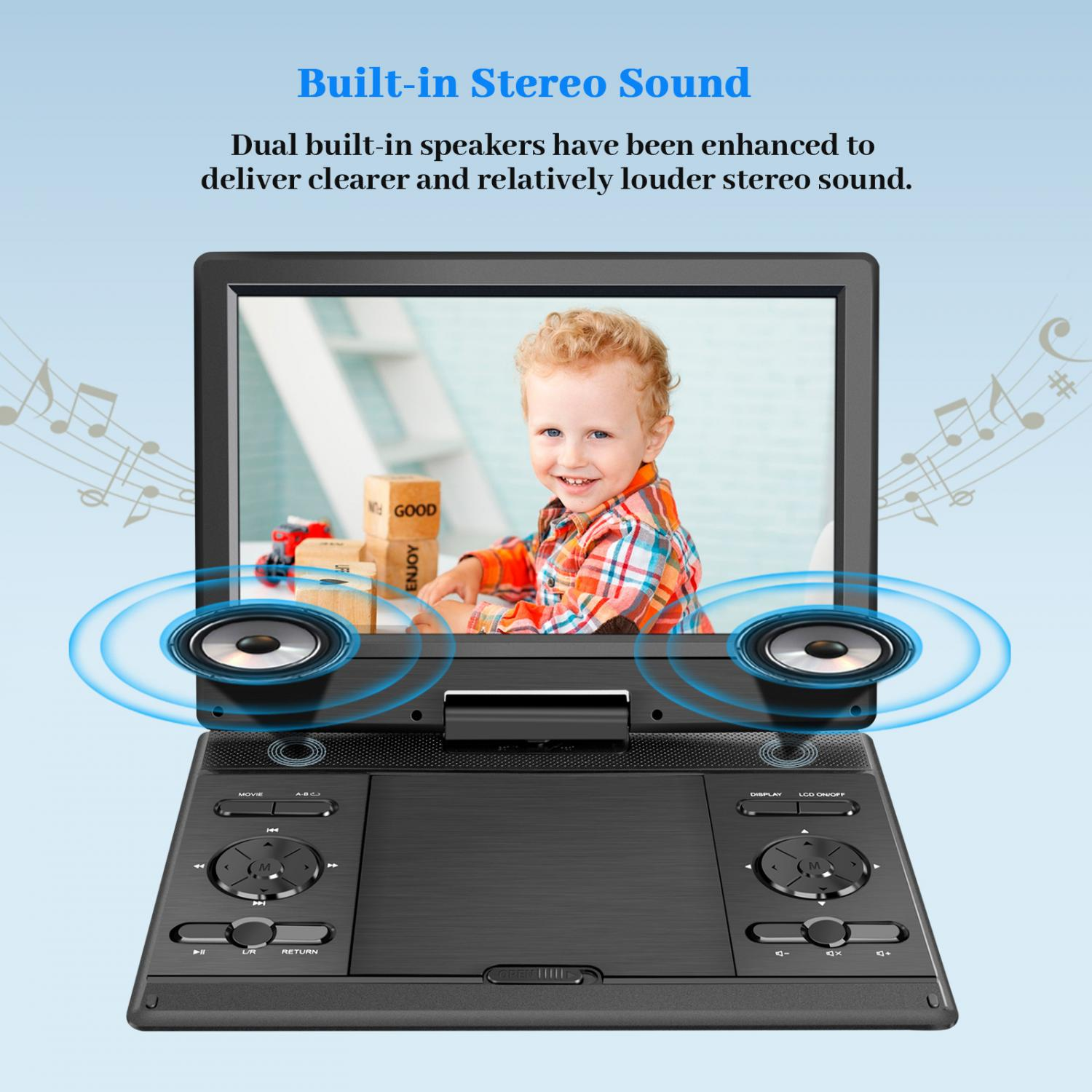 Tragbarer DVD-Player mit lächelndem Kind auf dem Bildschirm, Lautsprecher senden Schallwellen aus.