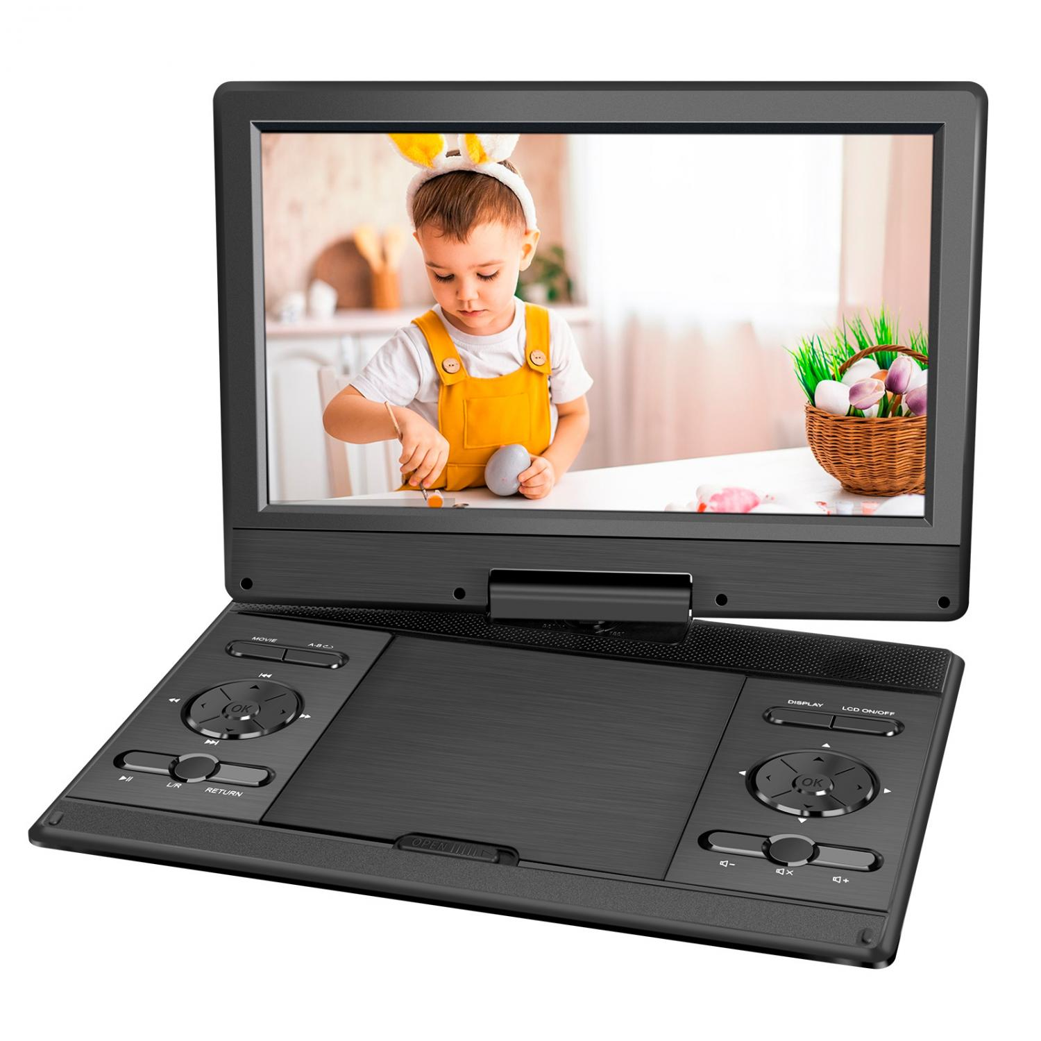 Ein tragbarer DVD-Player zeigt ein Kind mit Hasenohren, das ein Ei bemalt.