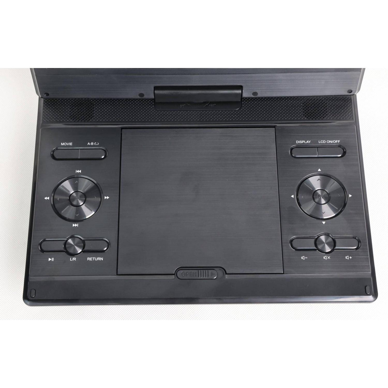 Ein schwarzer, tragbarer DVD-Player mit geöffnetem Bildschirm und Bedienelementen.