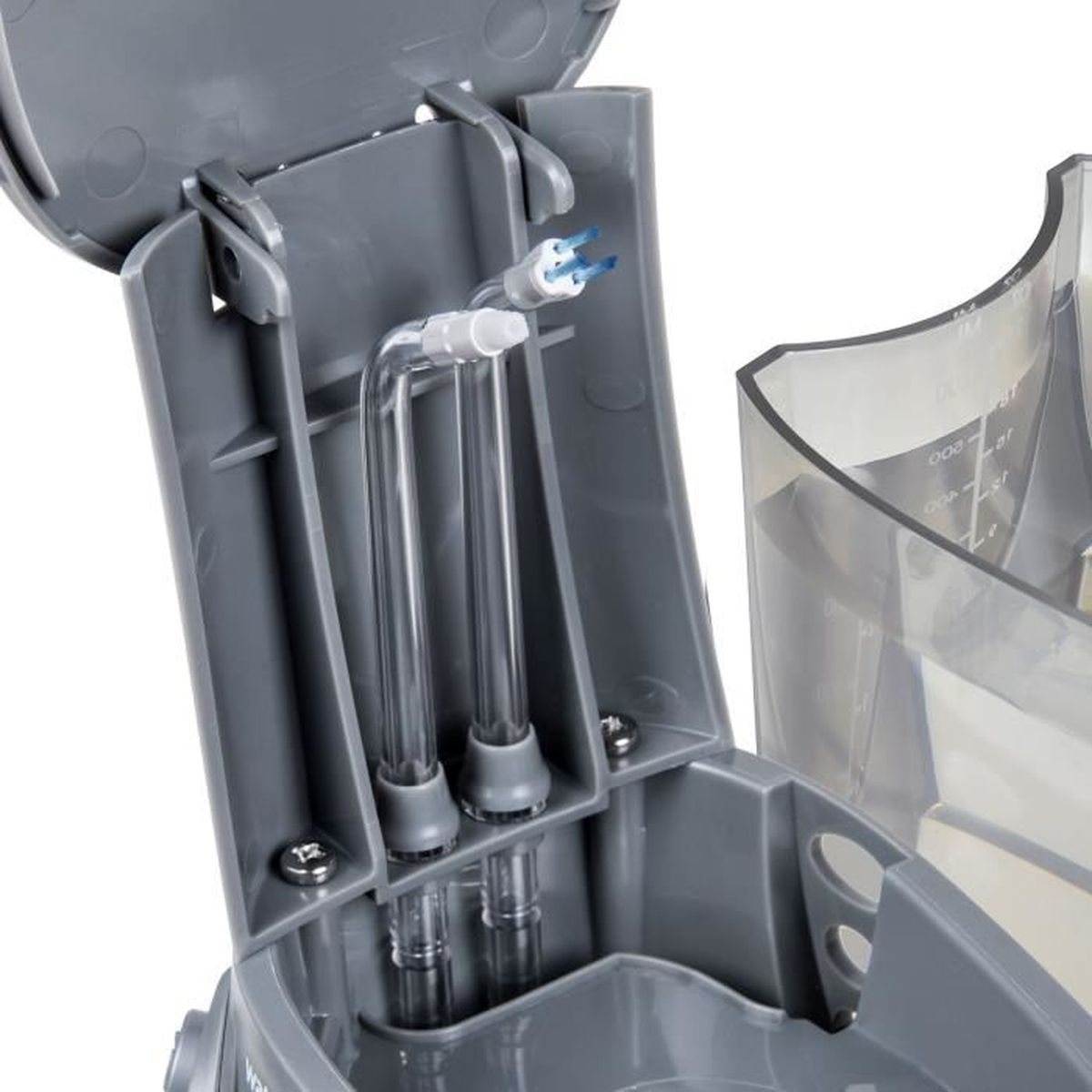 Grauer Aufsatz für Munddusche mit zwei transparenten Schläuchen und blauen Spitzen.