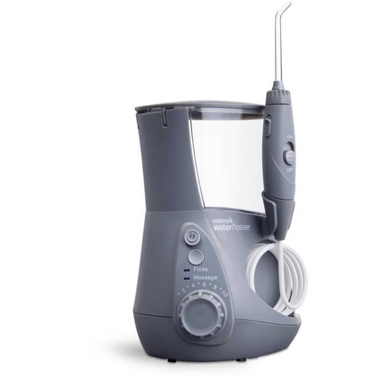 Ein grauer Waterpik Wasserflosser mit einem transparenten Tank und einer Düse.