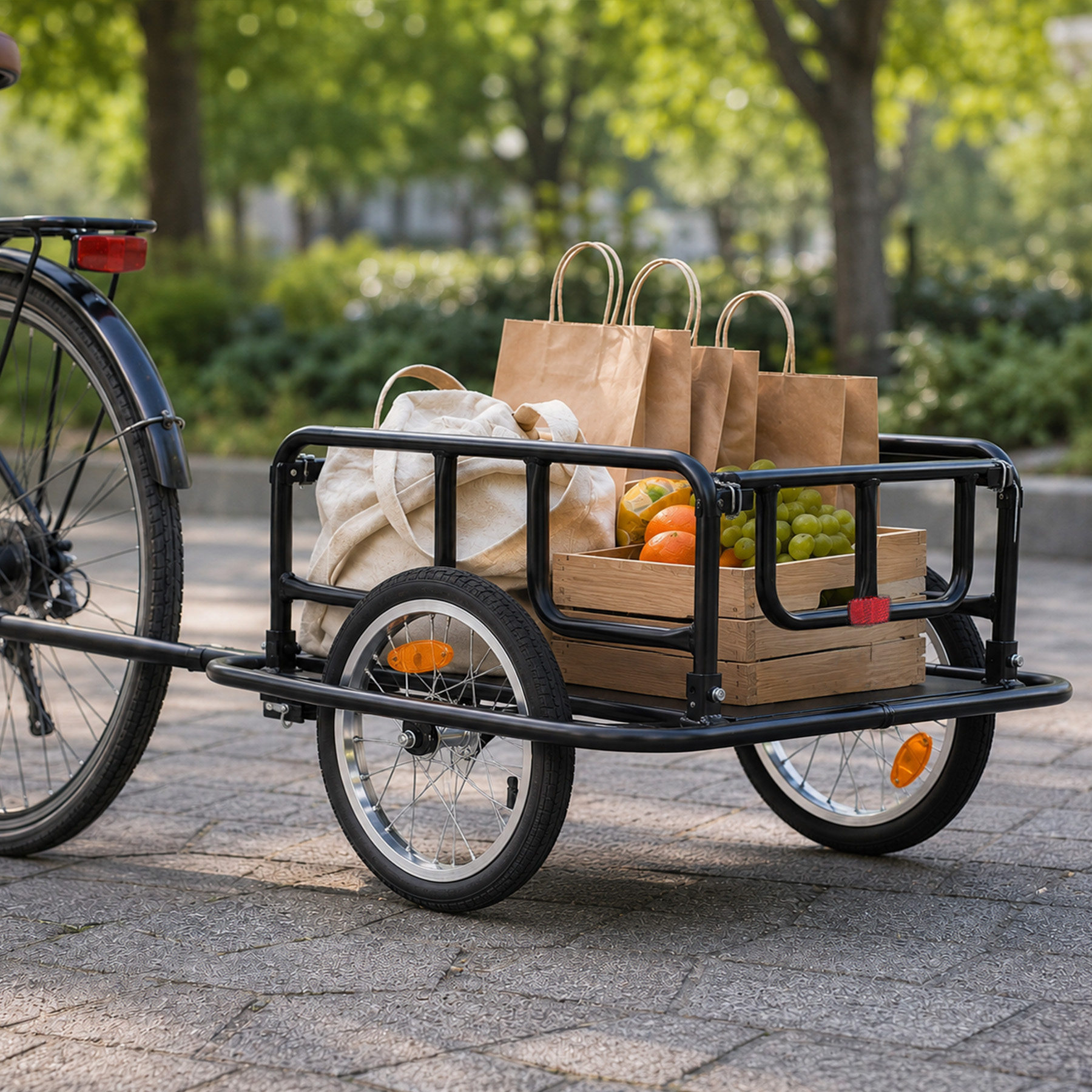 Fahrrad mit Anhänger voller Einkäufe und Obst.