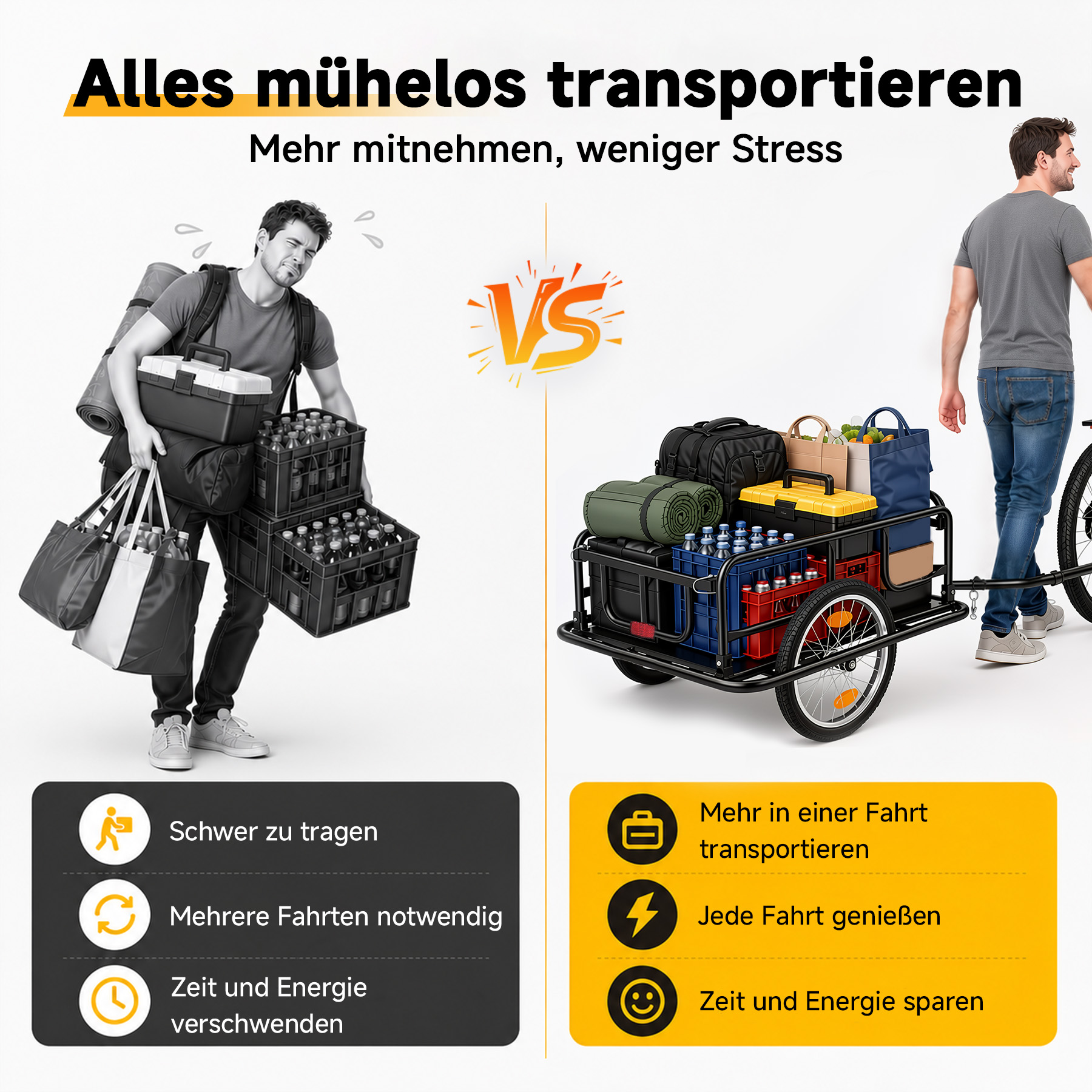 Mann trägt viel Gepäck links, Mann fährt Fahrrad mit Anhänger rechts.