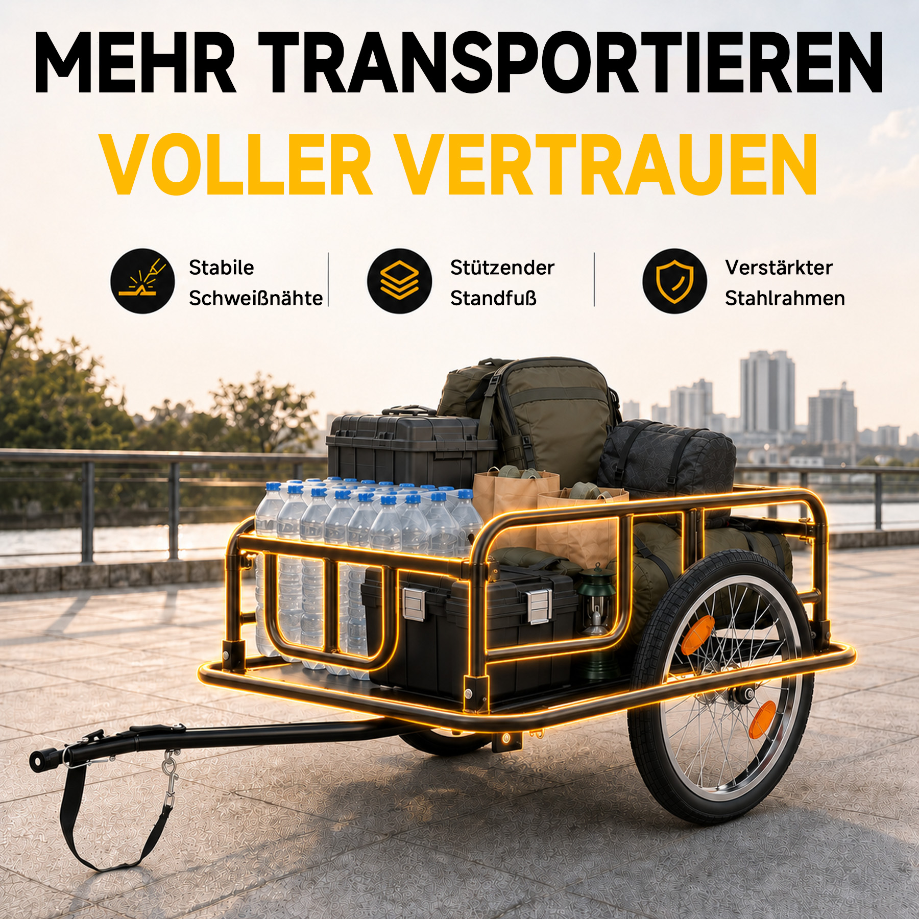 Ein beladener Fahrradanhänger mit Koffern, Taschen und Wasserflaschen.