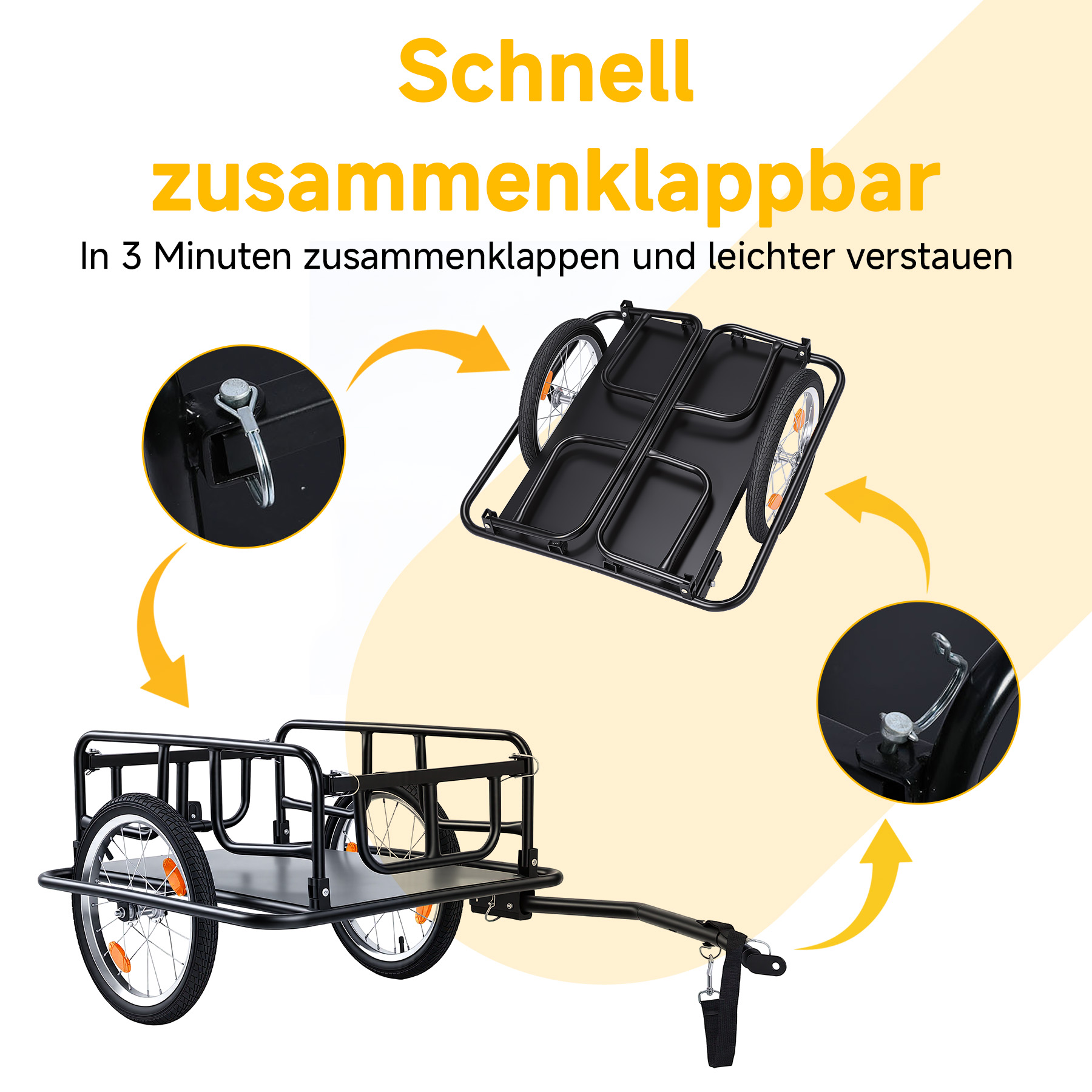 Ein zusammenklappbarer Fahrradanhänger in Schwarz, der sich leicht verstauen lässt.