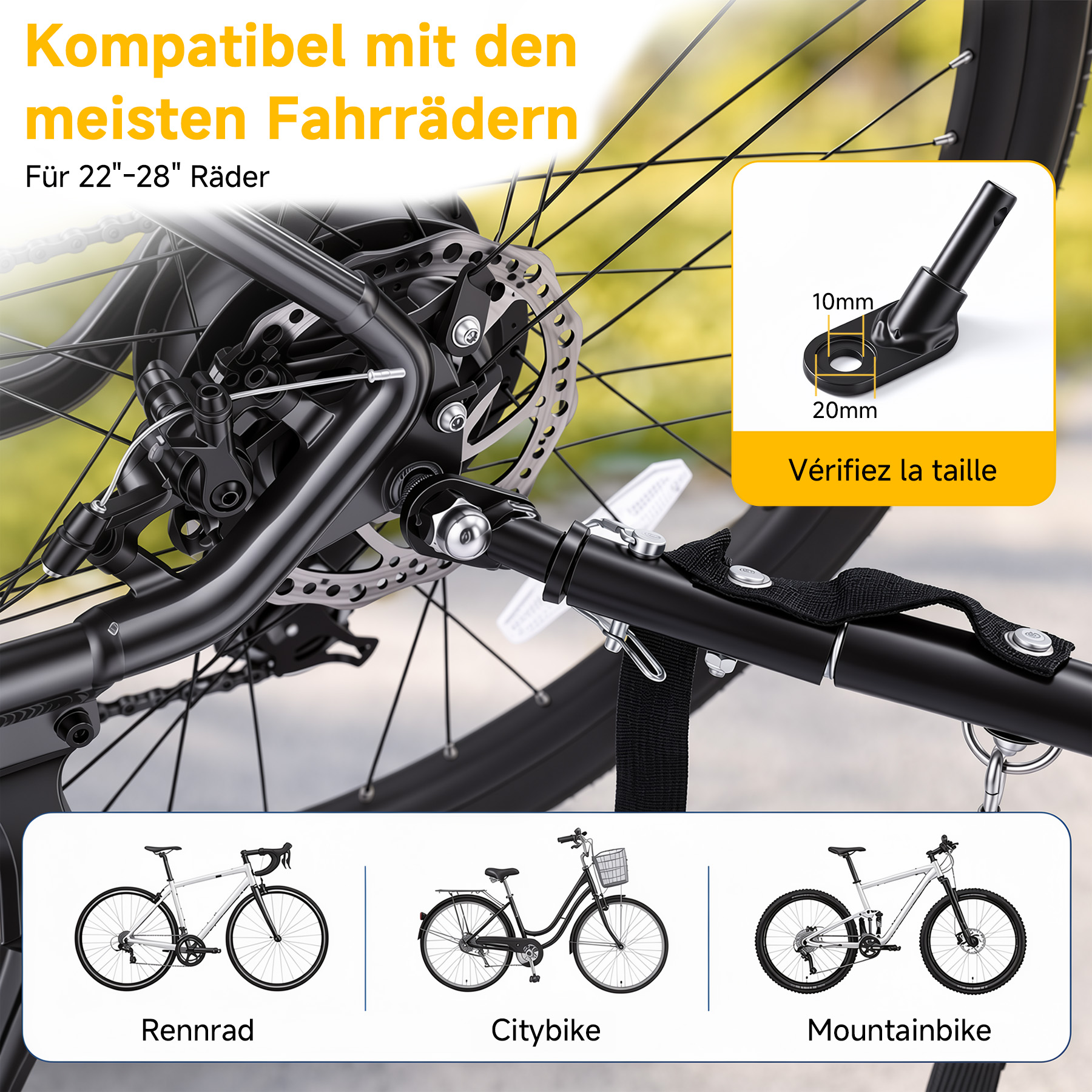 Fahrradanhänger-Kupplung für 22-28 Zoll Räder.