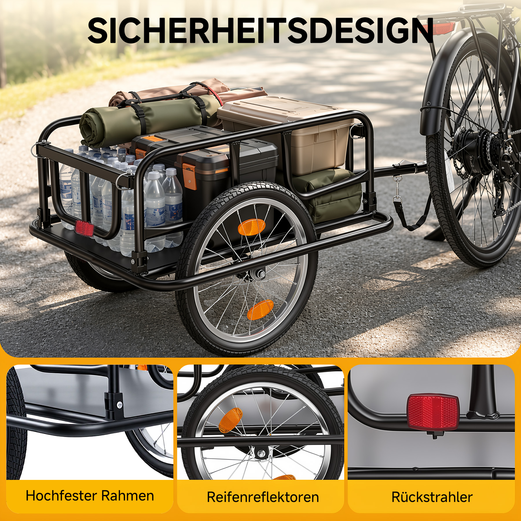 Fahrradanhänger mit vielen Flaschen, Kisten und Rolle auf Asphalt.