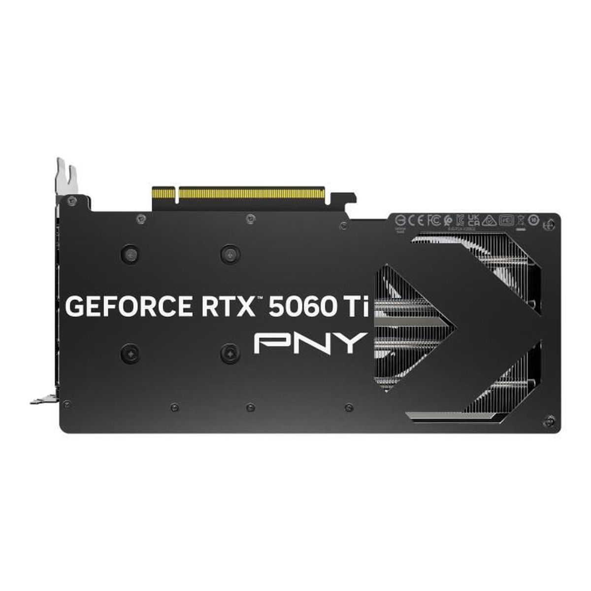 Tarjeta gráfica negra con GeForce RTX 5060 Ti y logo PNY.