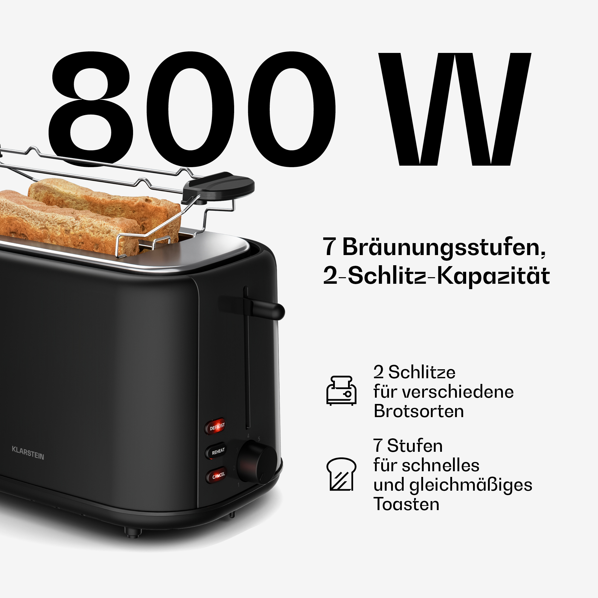Schwarzer Toaster mit 2 Toastscheiben, 800W, 7 Bräunungsstufen.