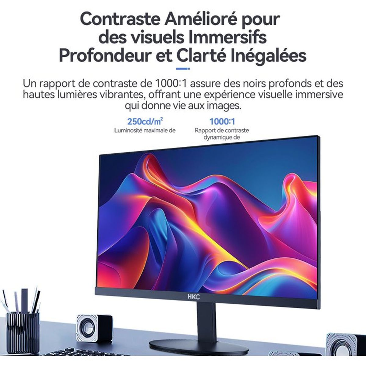 Un monitor HKC che mostra un'immagine astratta colorata con contrasto 1000:1.