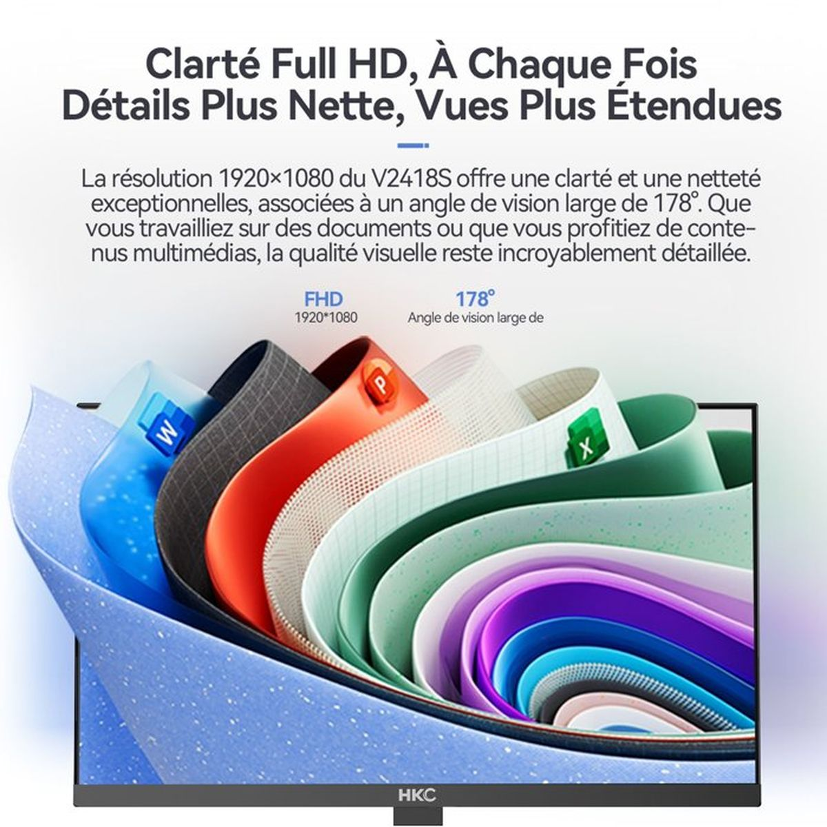 Un monitor mostra strati astratti e colorati che rappresentano chiarezza e ampi angoli di visione.