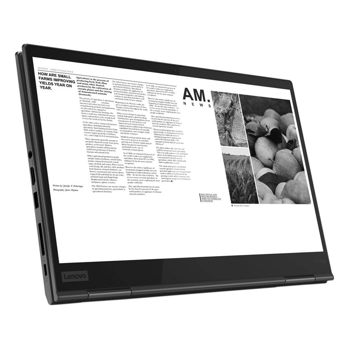 Ein offenes Laptop-Display zeigt einen Artikel über Landwirtschaft und Nachrichten.