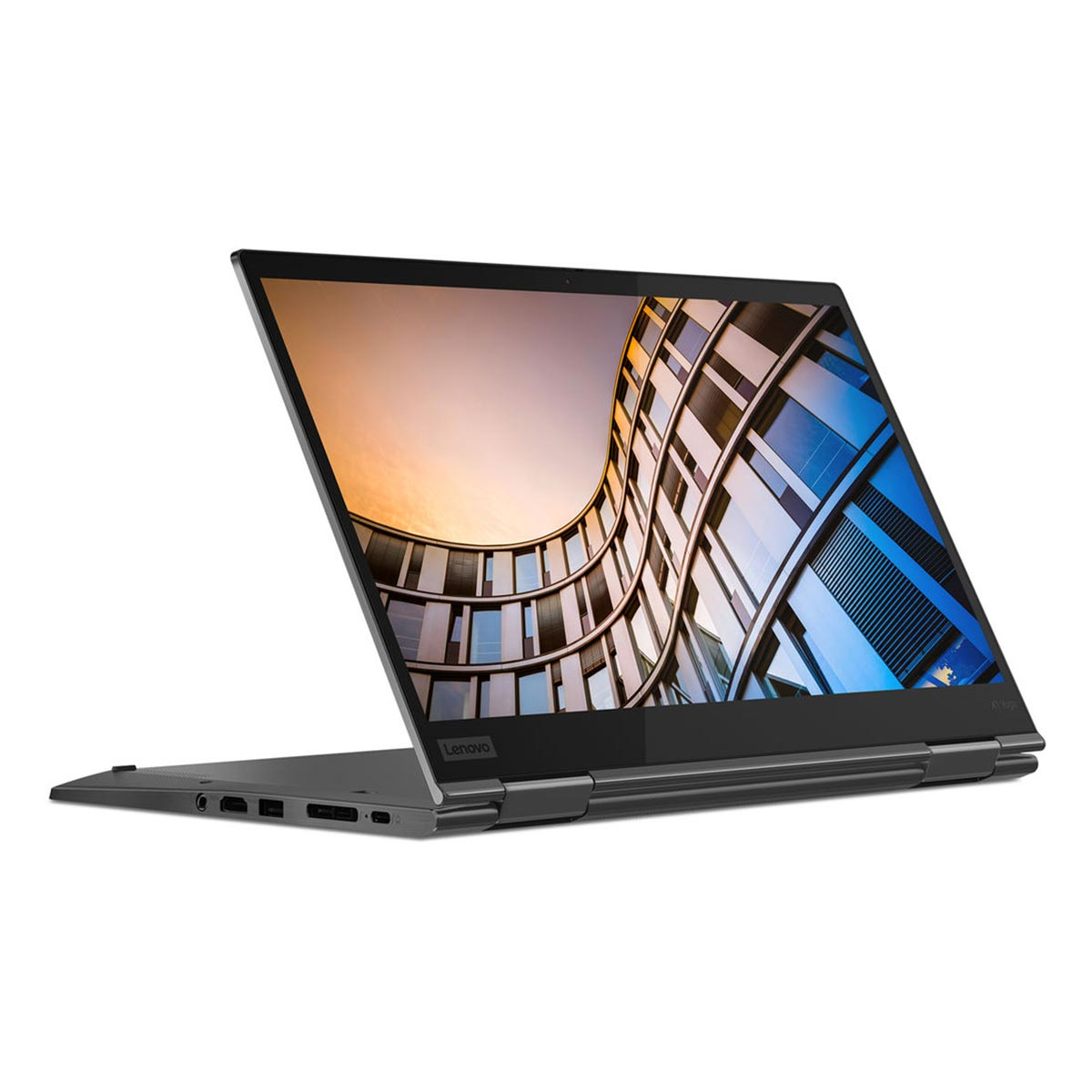Ein geöffneter Laptop mit einem geschwungenen Gebäude auf dem Bildschirm.