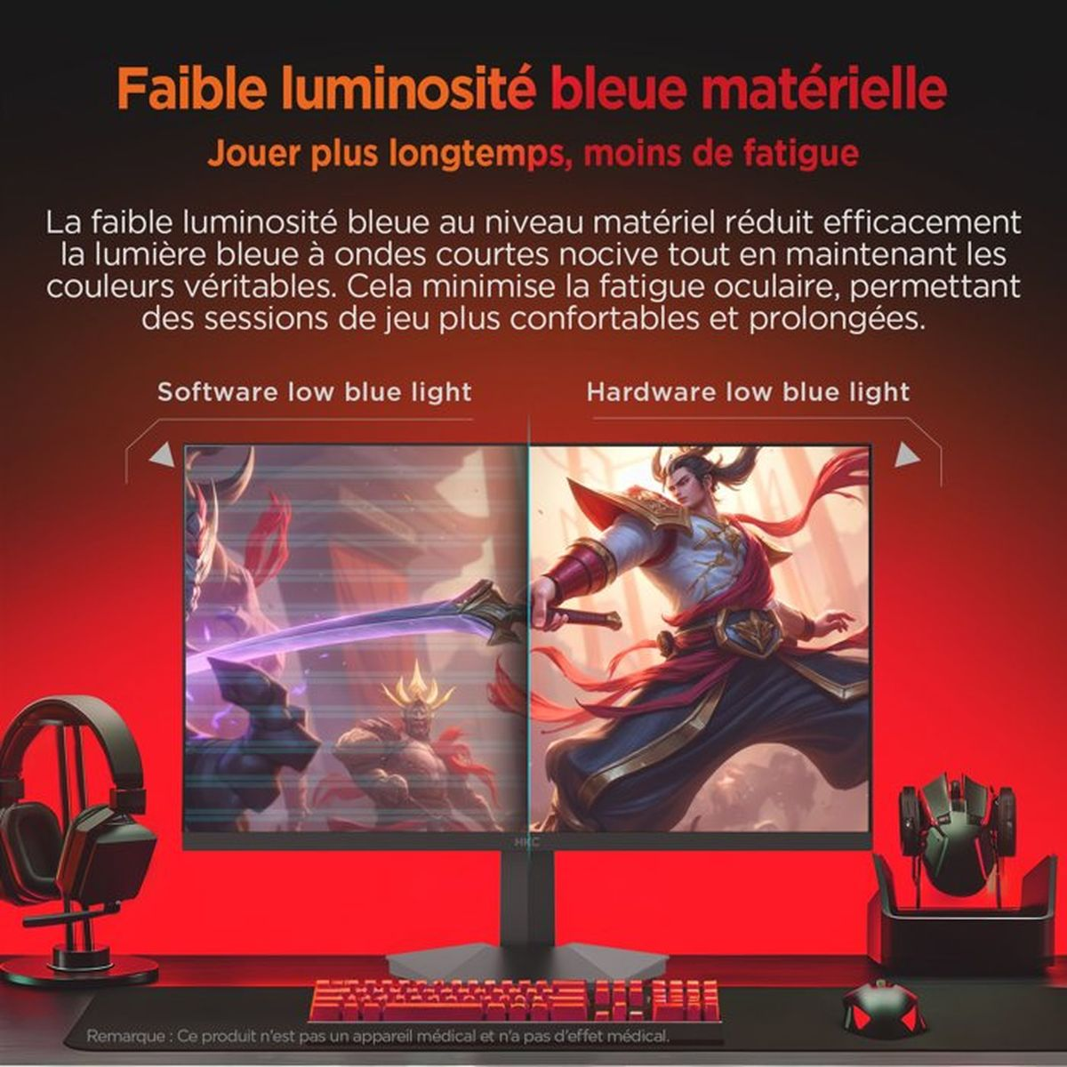 Monitor mostra due scene di gioco affiancate: sinistra software, destra hardware bassa luce blu.