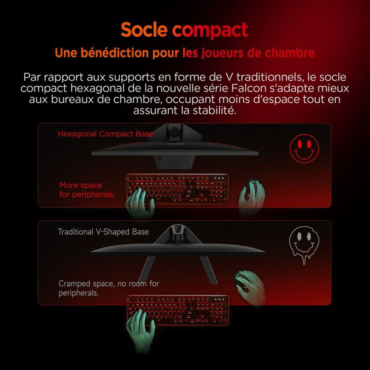 Confronto basi monitor: base esagonale compatta vs. base a V.