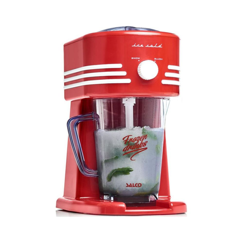 Eine rote Retro-Slush-Eismaschine mit einem klaren Krug, der einen blauen Slush und Minzblätter enthält.