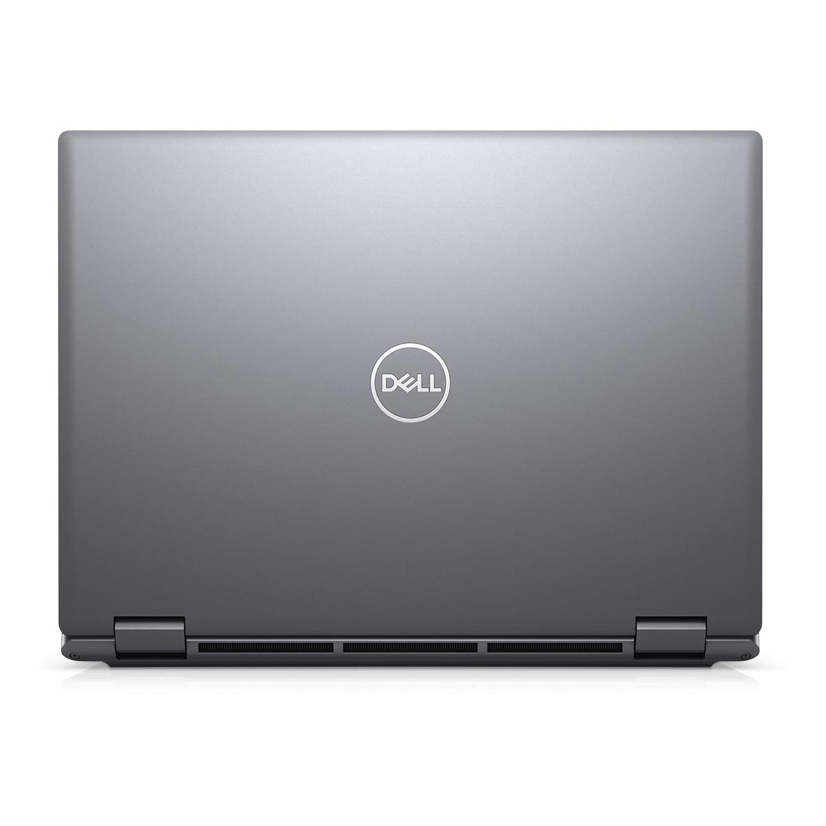 Geschlossener grauer Dell Laptop mit Logo auf dem Deckel.