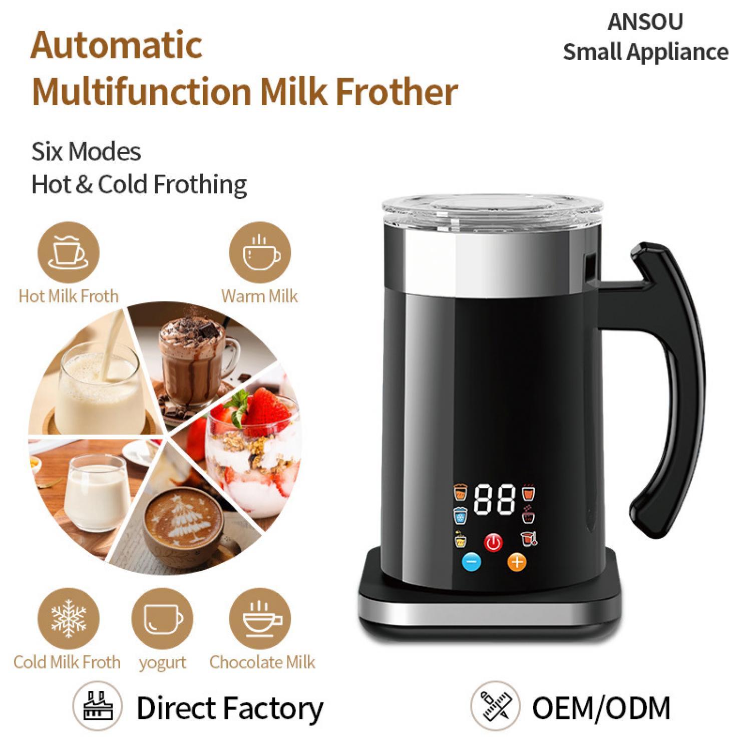 Automatischer Milchaufschäumer mit 6 Modi, zeigt heiße Milch, warme Milch, kalte Milch, Joghurt und Schokoladenmilch.