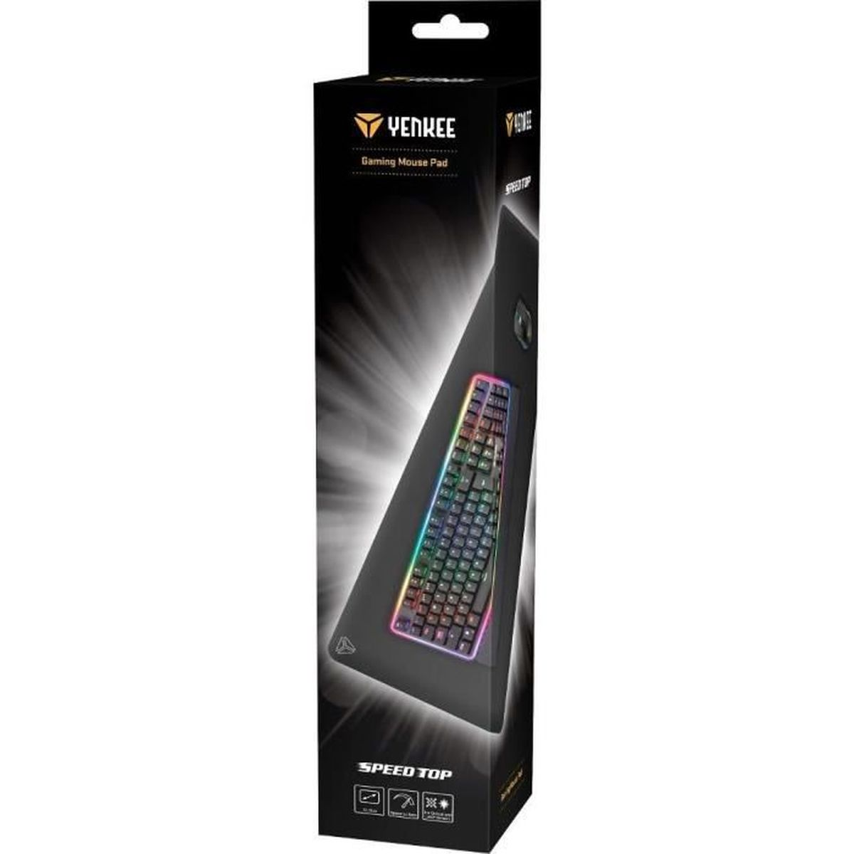 Verpackung für ein Gaming-Mauspad mit beleuchteter Tastatur.