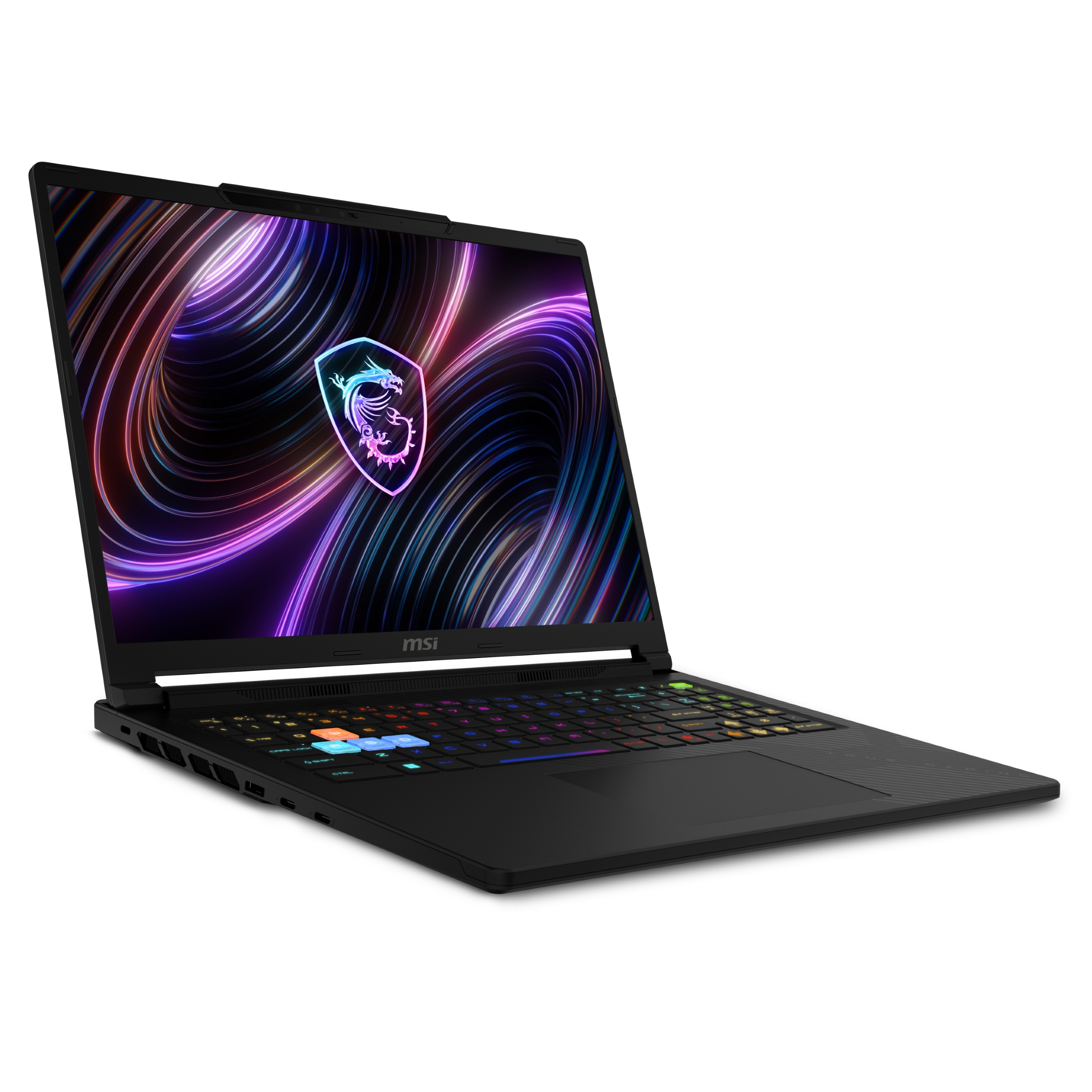 Laptop MSI nero con tastiera illuminata e logo drago sullo schermo.