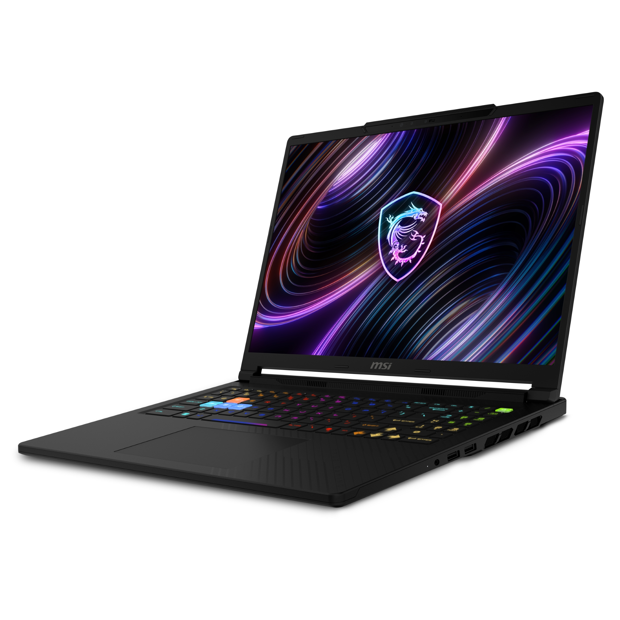 Laptop gaming MSI nero con tastiera illuminata e logo del drago sullo schermo.