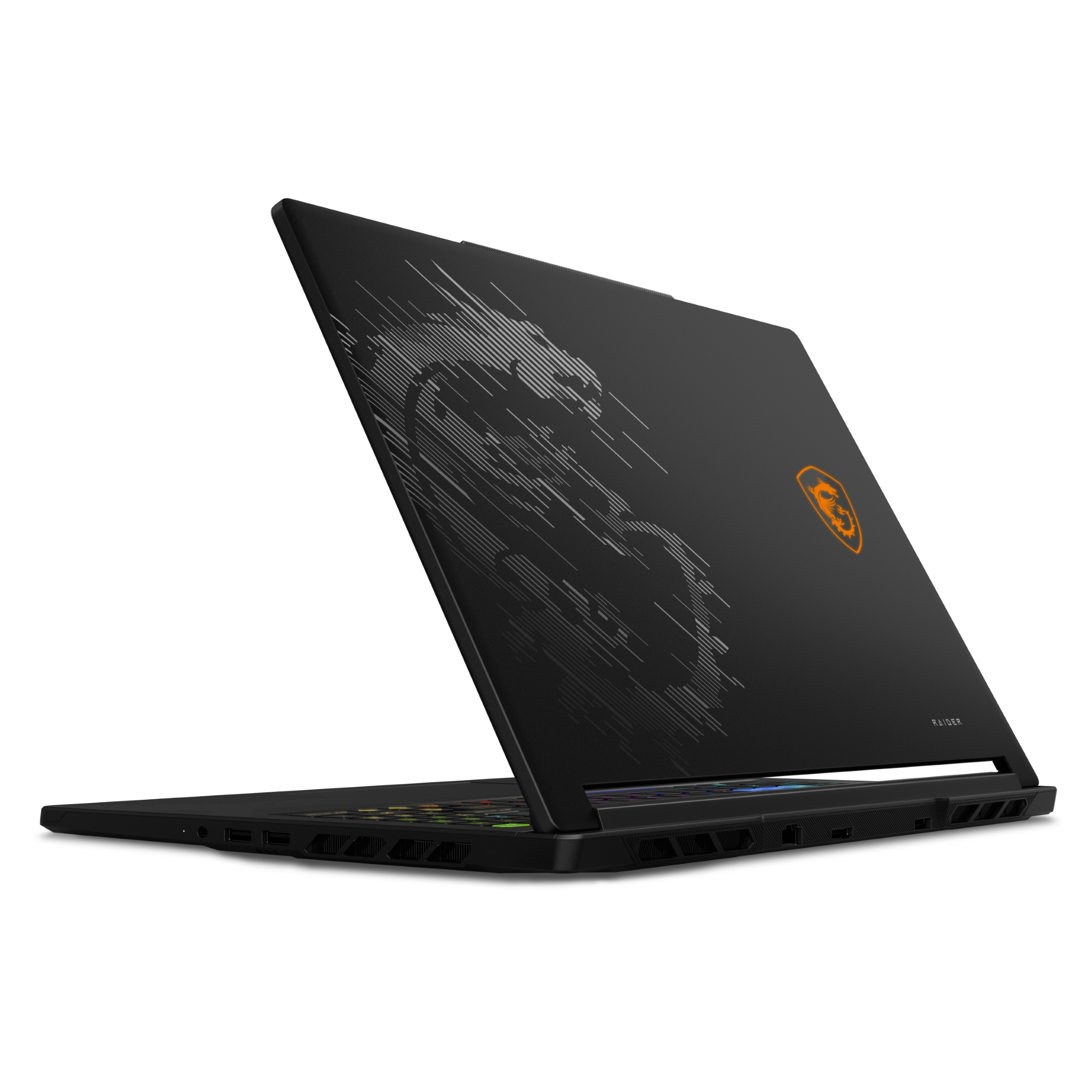 Laptop nero con logo drago e scritta "RAIDER". Tastiera illuminata.