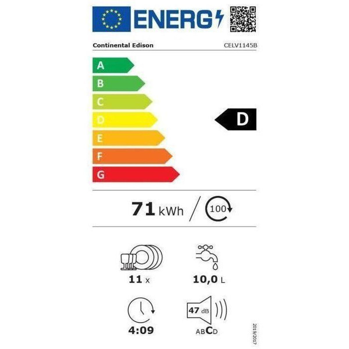 Energielabel für eine Spülmaschine: Klasse D, 71 kWh/100 Zyklen, 11 Maßgedecke, 10 L Wasser.