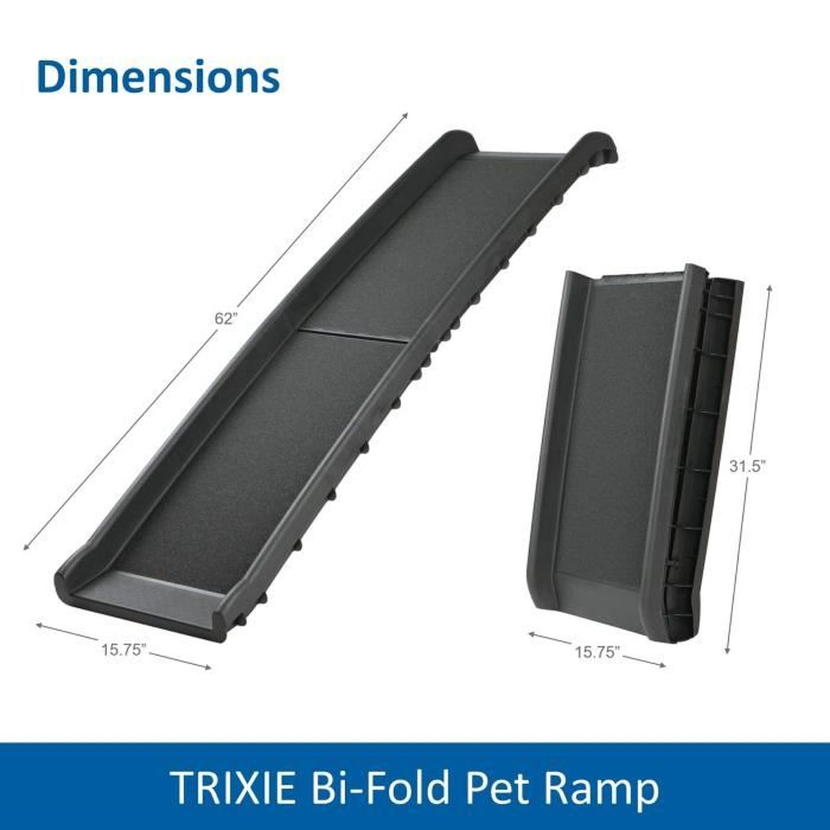 Rampa gris plegable para mascotas con dimensiones.