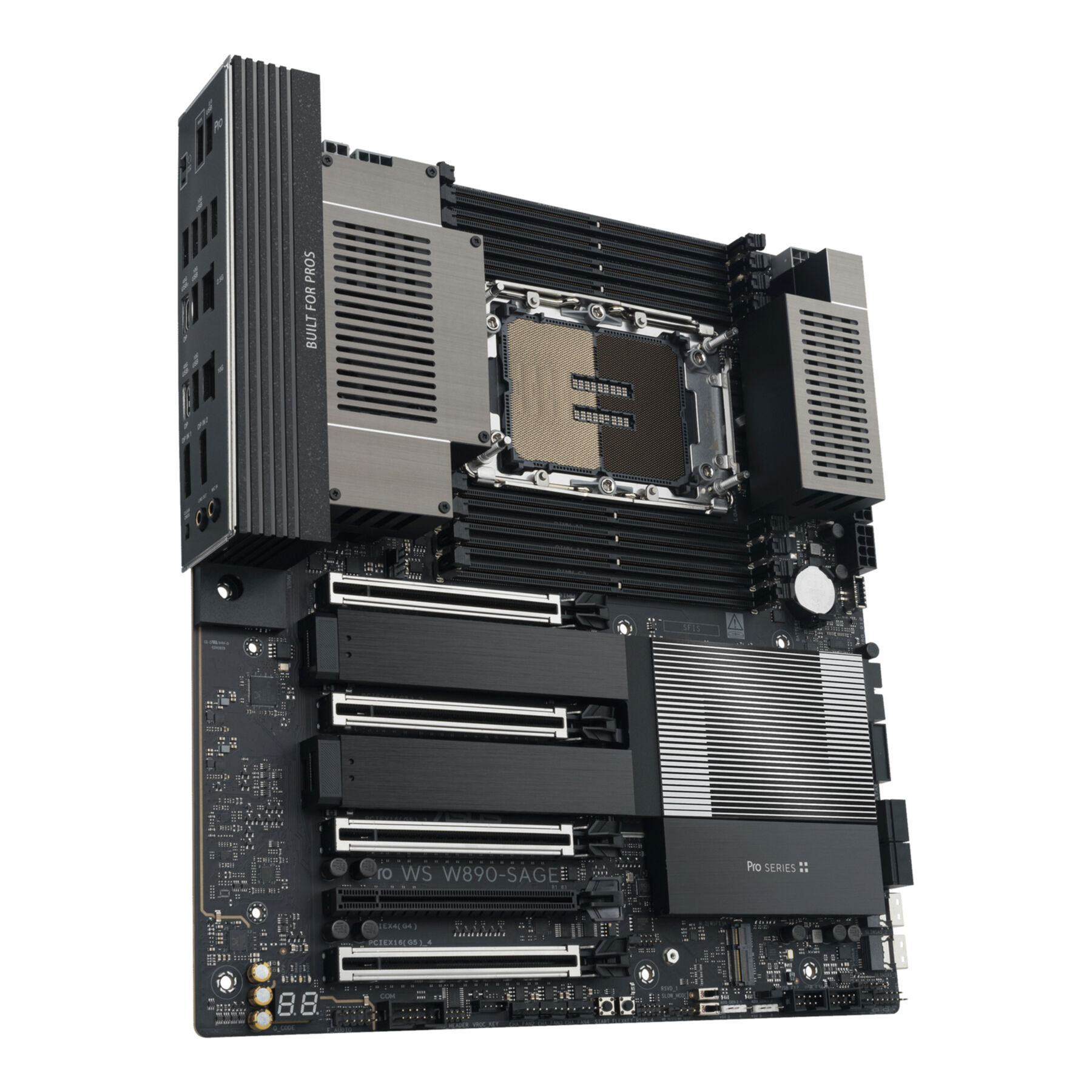 Una scheda madre nera con dissipatori argentati, slot multipli e socket CPU.