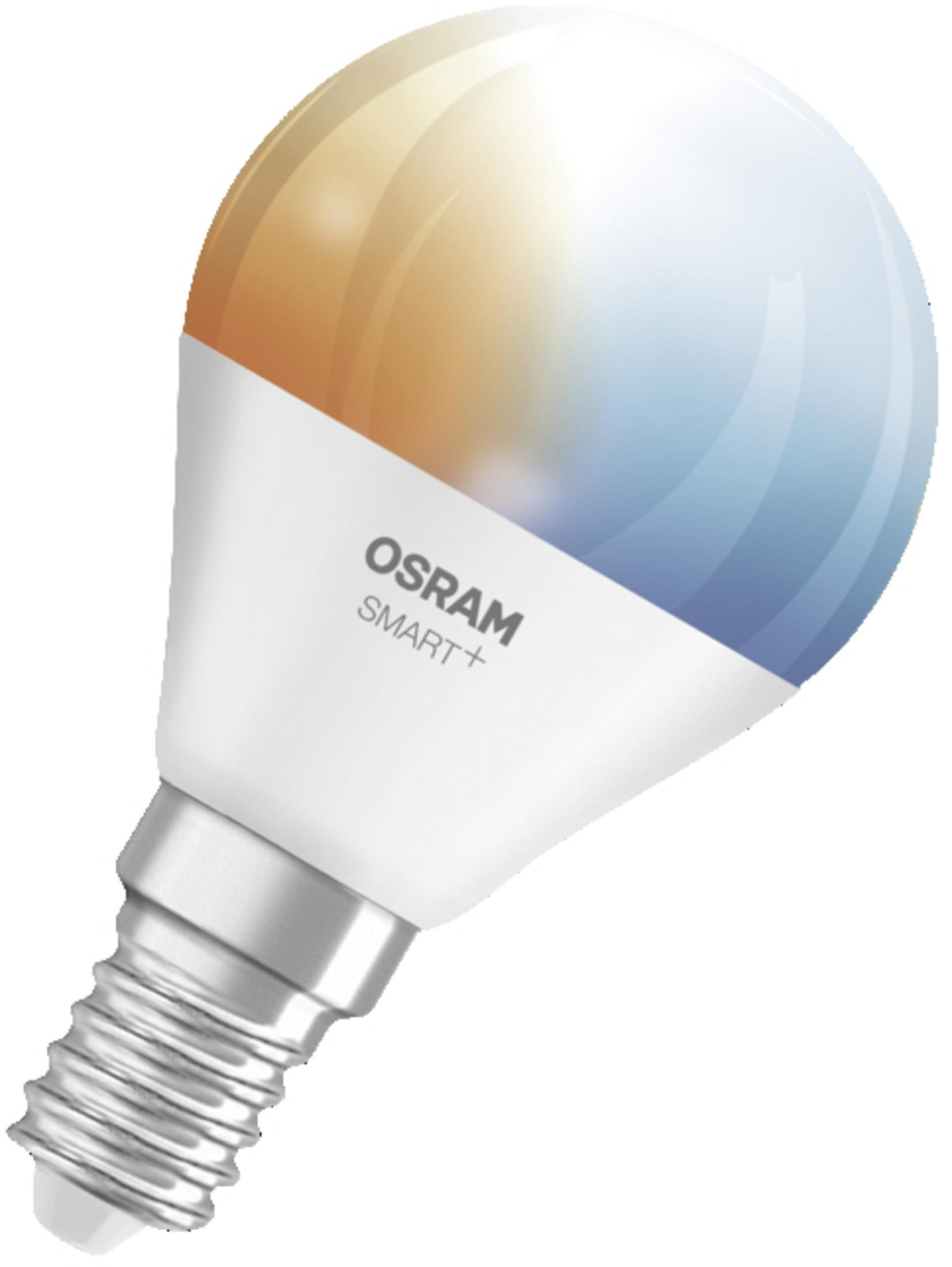 Eine Osram Smart Glühbirne mit Schraubgewinde, weißem Sockel und farbigem Lichtkopf.