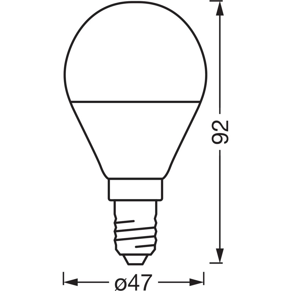 Strichzeichnung einer LED-Glühbirne mit Maßen: 92mm Höhe, 47mm Durchmesser.