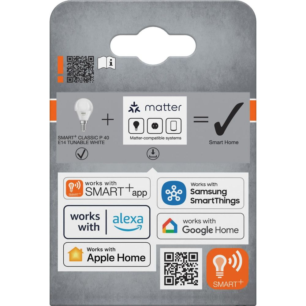 Verpackung zeigt eine SMART+ Lampe, kompatibel mit Matter, Alexa, Google, Samsung SmartThings und Apple Home.
