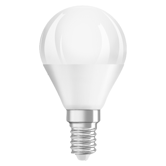Eine weiße LED-Lampe mit E14-Sockel.