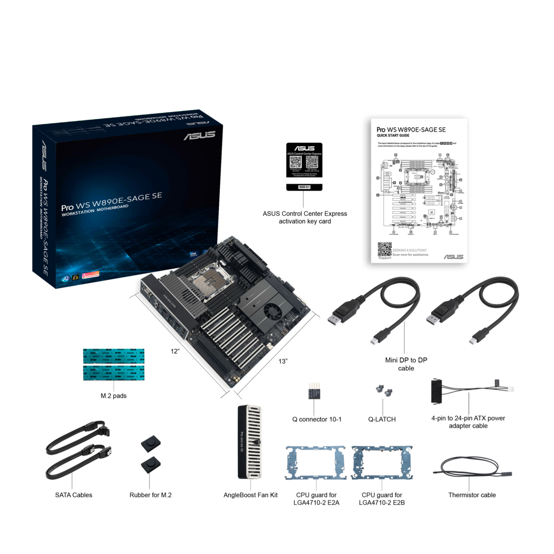 Carte mère ASUS Pro WS W890E-SAGE SE avec accessoires : câbles, ventilateur, protections.