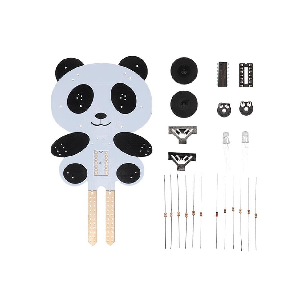 Ein Panda-Platinen-Kit mit Zahnrädern, LEDs, Widerständen und ICs.