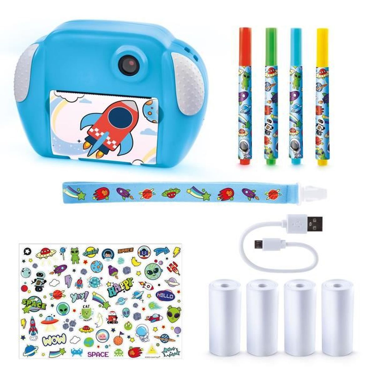 Eine blaue Spielzeugkamera mit Weltraumaufklebern, vier Stiften, einem USB-Kabel und vier Druckrollen.
