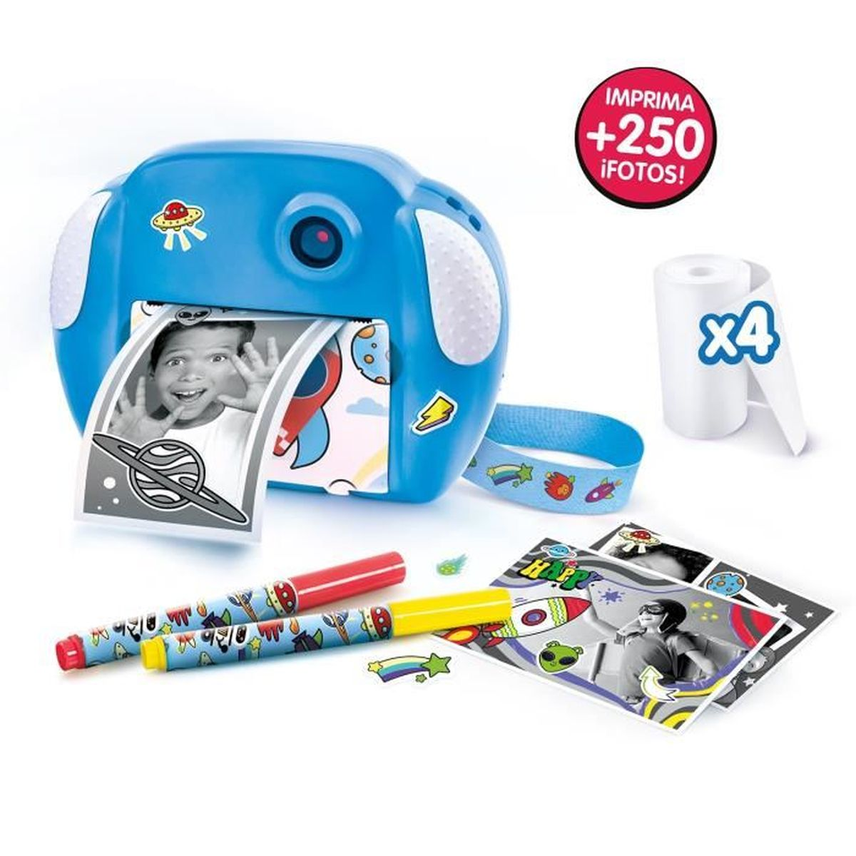 Eine blaue Spielzeugkamera druckt Fotos von einem Jungen und Weltraumthemen. Enthält Marker und Ersatzrollen.