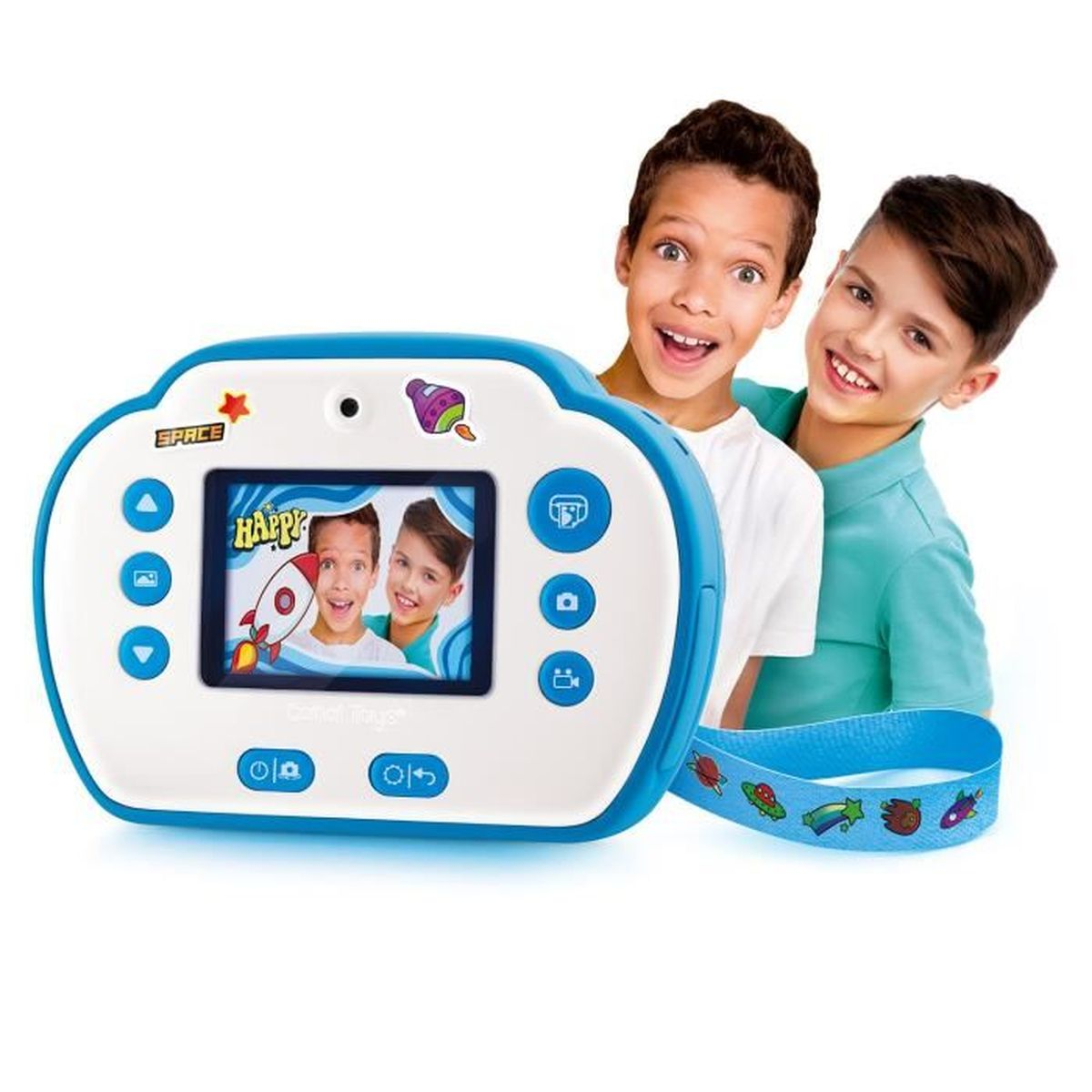 Zwei Jungen grinsen hinter einer blauen Digitalkamera für Kinder mit Weltraumthema.