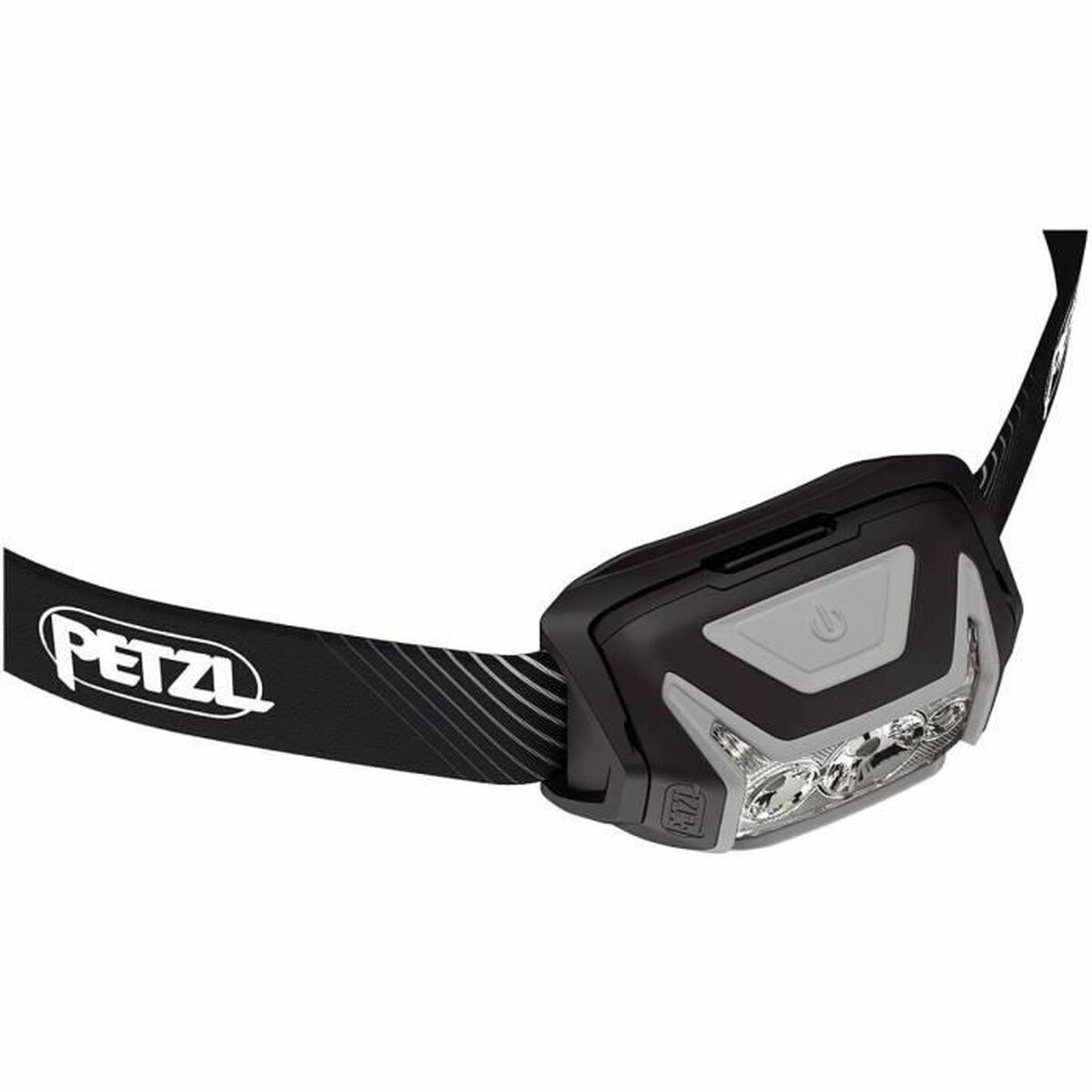 Una linterna frontal Petzl negra con tres luces y un botón de encendido.