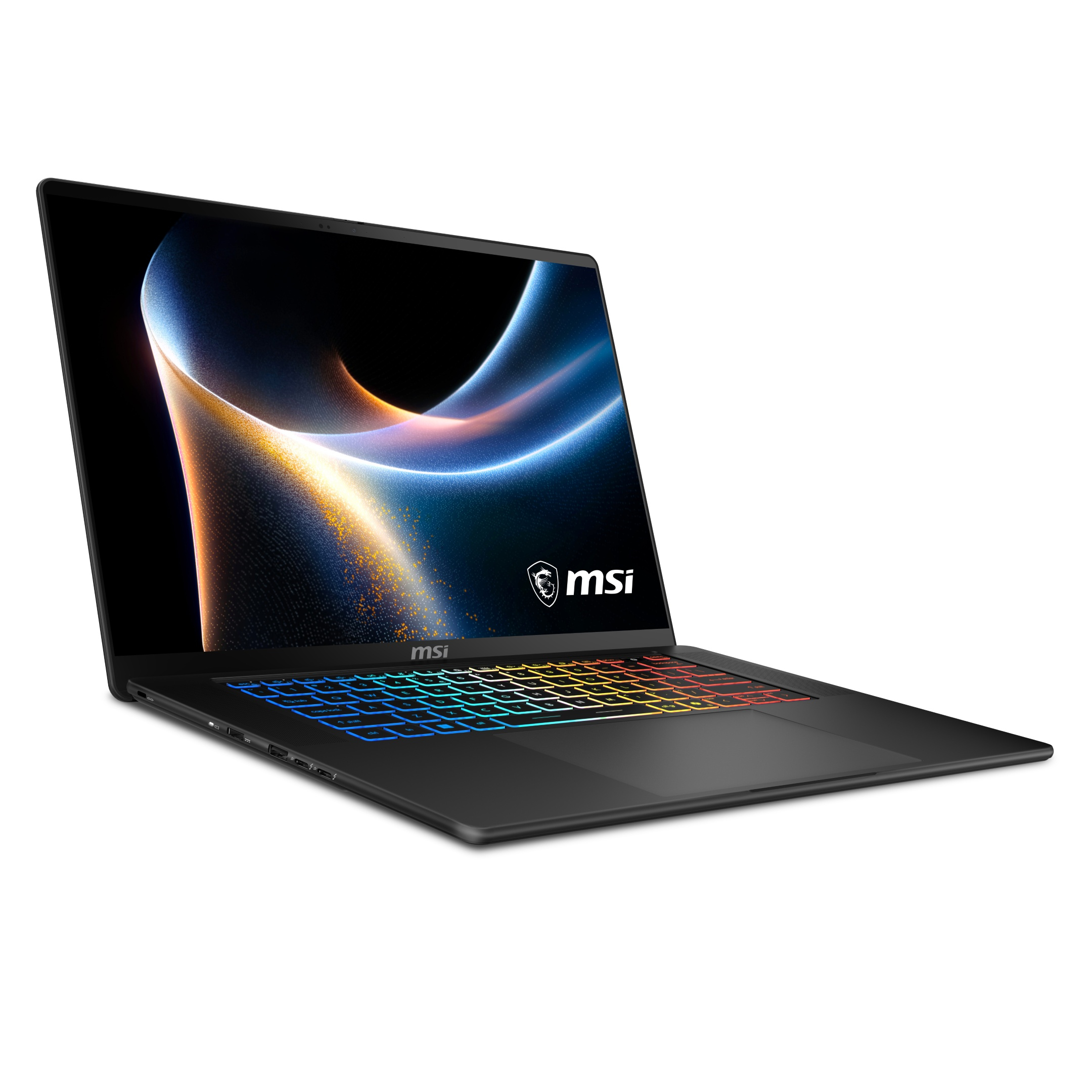 Laptop MSI nero con tastiera retroilluminata colorata e display astratto.