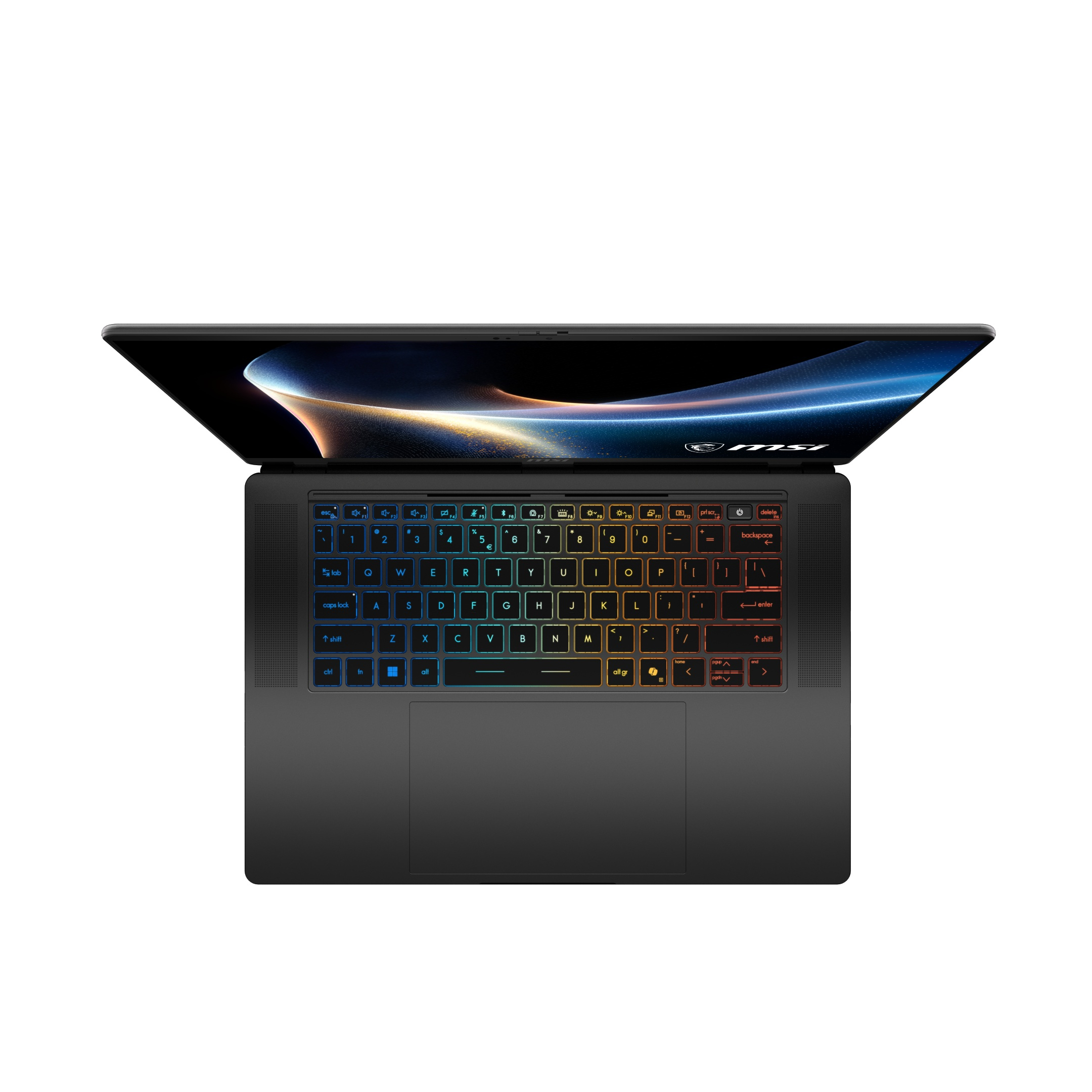 Un laptop nero aperto con tastiera retroilluminata e sfondo astratto.