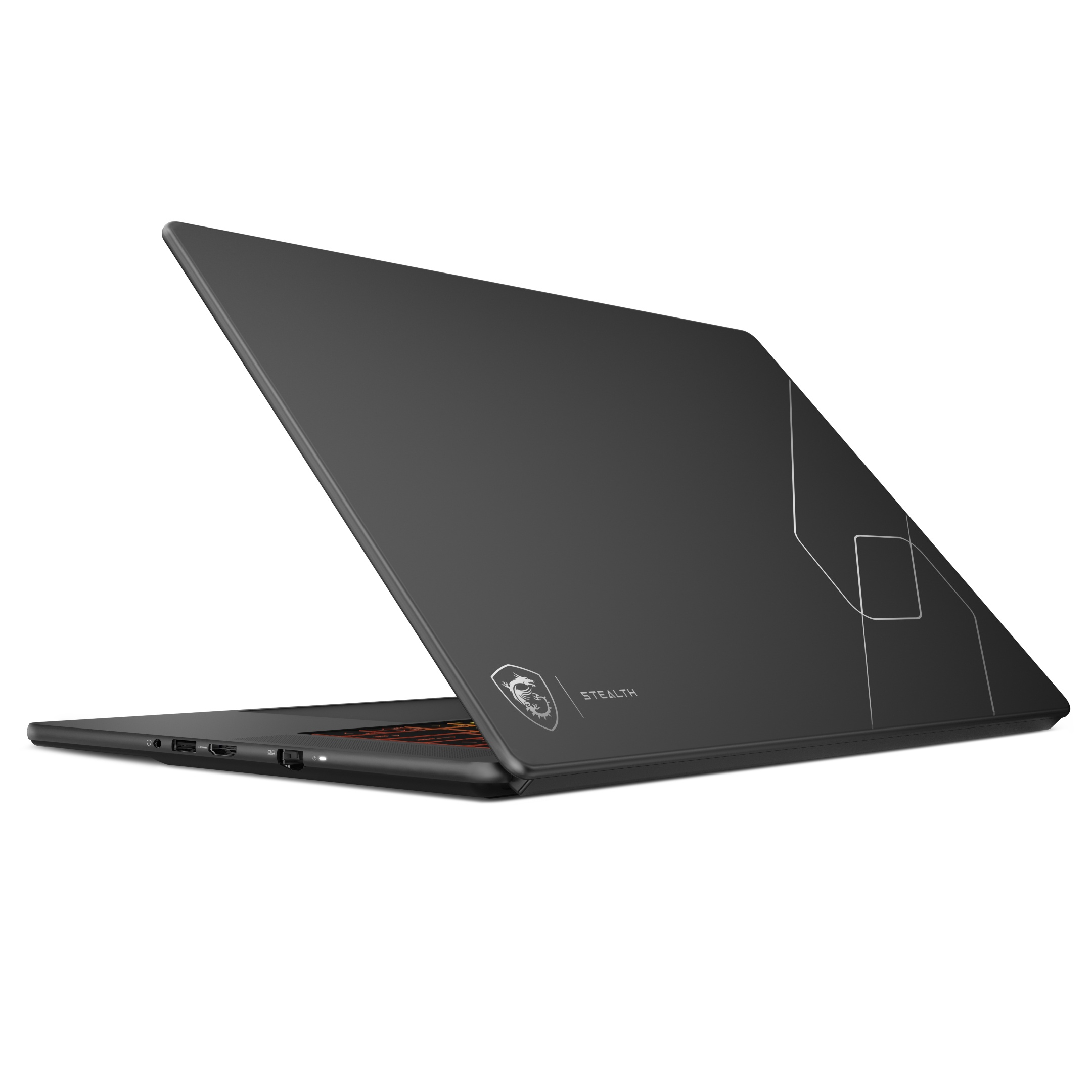 Laptop nero con logo MSI e scritta "Stealth". Viene mostrato il lato inferiore.