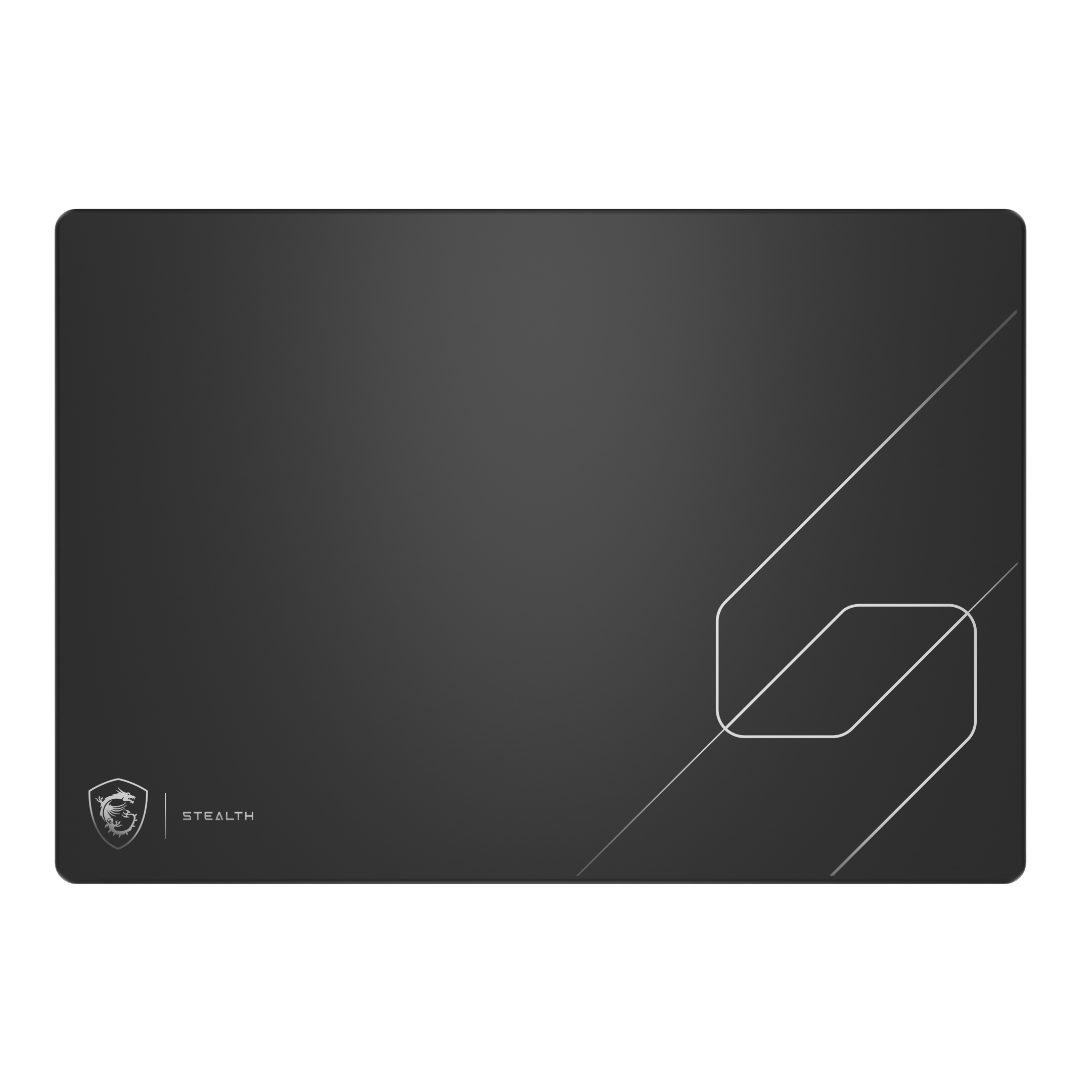 Tappetino mouse nero con logo MSI e scritta "Stealth". Linee geometriche adornano l'angolo.