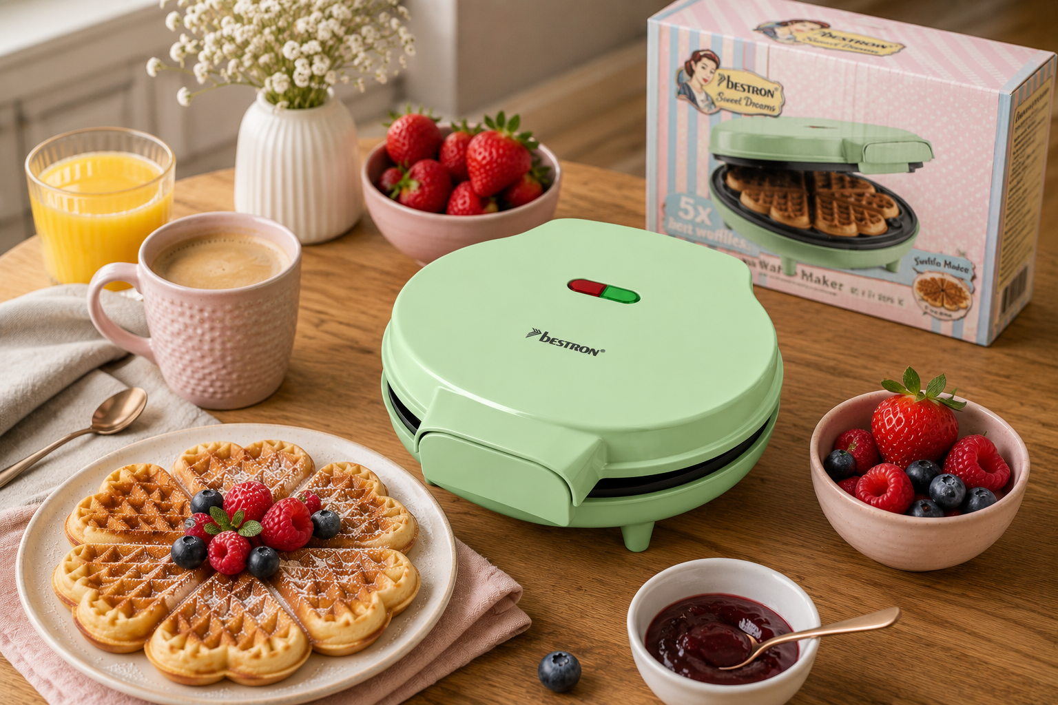 Grüne Waffelmaschine mit Herz-Waffeln, Beeren, Kaffee und Saft.