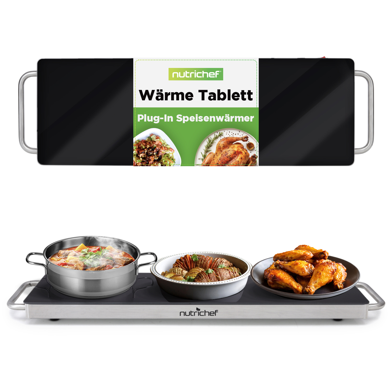 Wärmetablett mit Eintopf, Kartoffeln und Hähnchenflügeln.