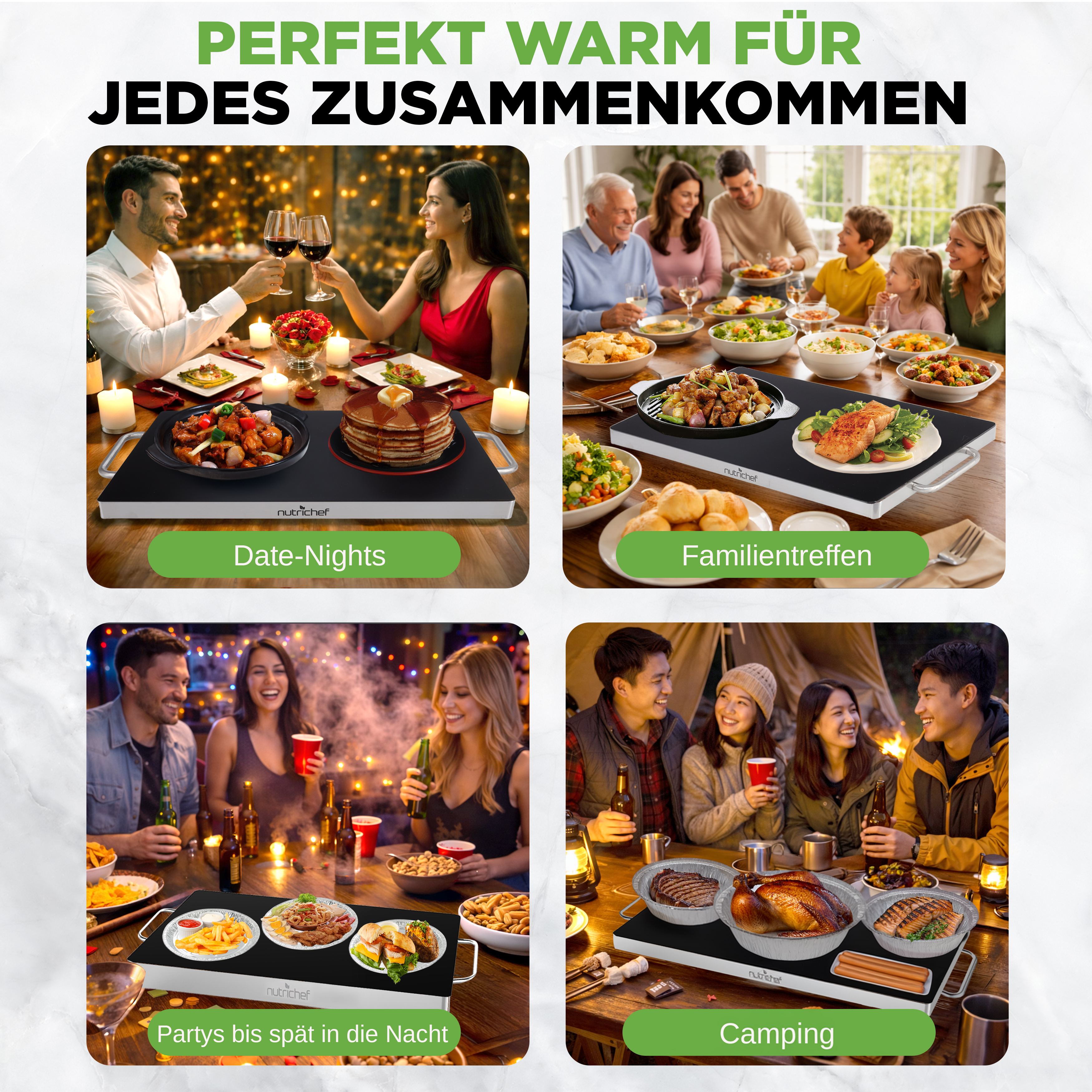 Ein Mann und eine Frau stoßen mit Weingläsern an, während ein Warmhaltebehälter mit Essen auf dem Tisch steht.